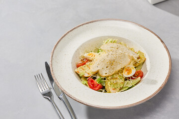 Appetizing Chicken Caesar Salad with Rustic Aesthetic and Soft Neutral Colors