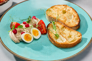 Gourmet Chicken Pate and Toast on Vibrant Plate with Fresh Garnish
