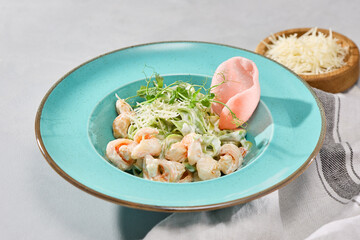 Creamy Shrimp Pasta in Bright Pastel Palette with Natural Lighting in Elegant Composition