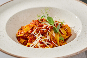 Rustic Tagliatelle with Bolognese Sauce A Warm, Earthy Culinary Delight Captured in Natural Light
