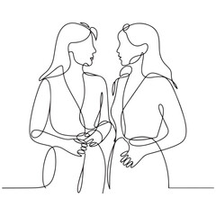 Two Women Talking Trendy Line Art Drawing. People Talking Minimalistic Black Lines Drawing on White Background. Continuous One Line Abstract Drawing. Peoples Modern Design. Vector Black silhouettes. 