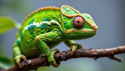 Fototapeta premium close up of vibrant green chameleon clinging to branch, brilliant skin textures captured, celebrating exotic wildlife beauty.