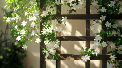 White Flowers Climbing a Wooden Frame in Sunlight