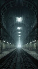 A dark abandoned subway station with broken windows, debris, eerie shadows, and a mysterious atmosphere.