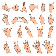 Hand gestures set vector isolated. Collection of hand-drawn human hands. Heart sign, fist, finger pointing. Doodle hands.