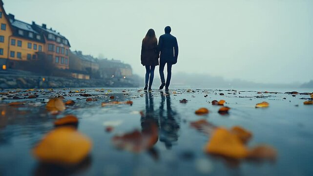 Couple walks along waterfront in autumn rain.