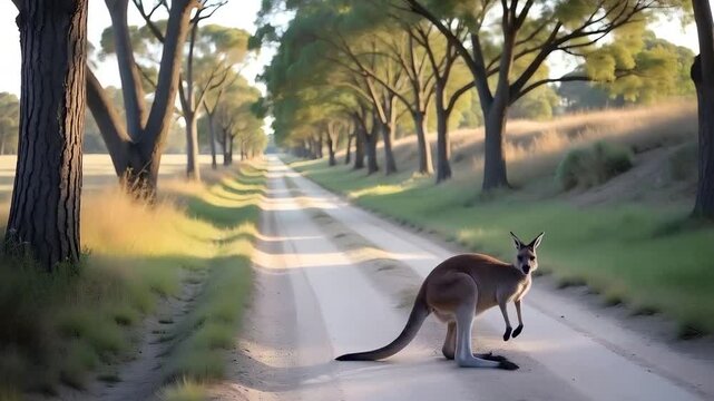 Wildlife protection and conservation concept, a kangaroo happily stands on a deserted road in a protected area