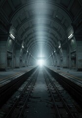 A dark abandoned subway station with broken windows, debris, eerie shadows, and a mysterious atmosphere.