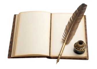 Antique Open Book, Quill Pen, and Inkwell A Vintage Writing Setup