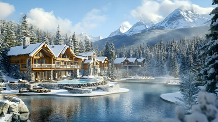 Fototapeta premium Luxury Mountain Resort in Winter Wonderland: Cozy Cabins Frozen Lake and Stunning Views