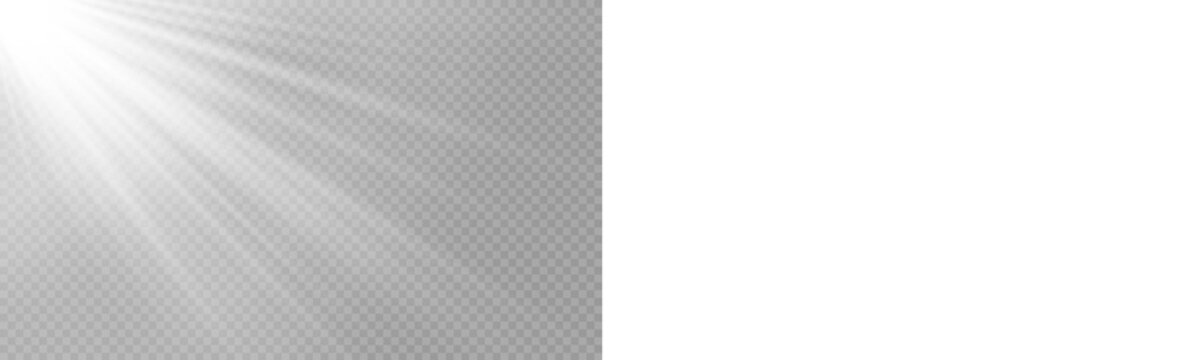 Vector transparent sunlight with sun glare. Overlay, Sun rays and glare, Sun, sunrays, light transitions, lens flare, light leaks and glare in PNG format. PNG sunlight flare. Golden flash and glare. 