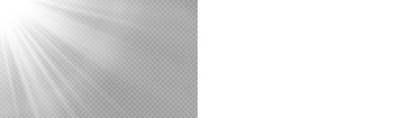 Vector transparent sunlight with sun glare. Overlay, Sun rays and glare, Sun, sunrays, light transitions, lens flare, light leaks and glare in PNG format. PNG sunlight flare. Golden flash and glare. 
