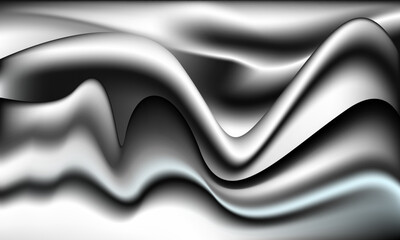 Abstract Curved Fabric Liquid Soft Black and Silver Satin Waves Luxury Background, Smooth  Gradient Modern Art  presentation or mobile wallpaper Design      
