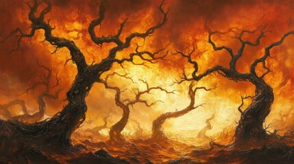 Fiery, twisted trees in a burning landscape