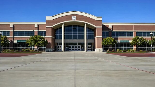 Modern school building exterior on sunny day