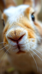 close up of a brown and white animal's face