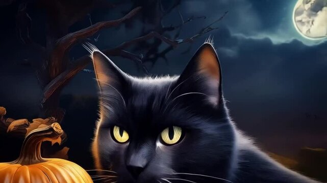 Schwarze Katze und K&uuml;rbis auf einer Mauer