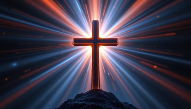 illuminated glowing cross of light against black background, sacred modern design offering space for text, evoking spirituality