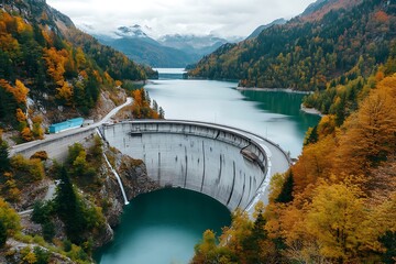 Aerial view of scenic dam surrounded by autumn forest mountain landscape nature photography