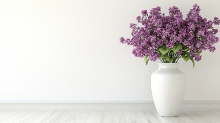 Fototapeta premium Fresh lilac flowers in a white vase adding color to a minimalistic interior design