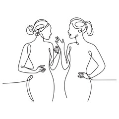 Two Women Talking Trendy Line Art Drawing. People Talking Minimalistic Black Lines Drawing on White Background. Continuous One Line Abstract Drawing. Peoples Modern Design. Vector Black silhouettes. 