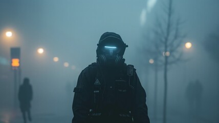 Naklejka premium Urban worker in protective gear navigating through toxic smog on a polluted city street at night