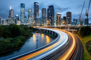 Obraz premium Dynamic night cityscape with illuminated energy infrastructure urban environment aerial view