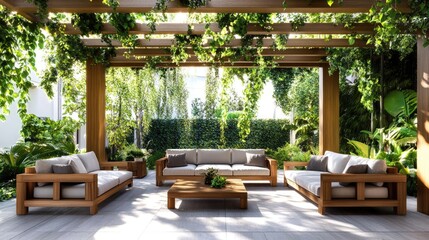 Fototapeta premium Stylish outdoor wood furniture set under a pergola, minimal cushions, clean lines and natural textures