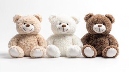 Obraz premium Three soft teddy bears side by side, white, beige, and brown, smiling with joy, perfect for a toy store display