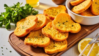 Naklejka premium Toasted Bread Slices With Herbs On Wooden Board And White Table