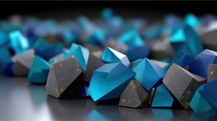 Obraz premium Artistic arrangement of blue and gray geometric gemstones with metallic accents on a smooth surface