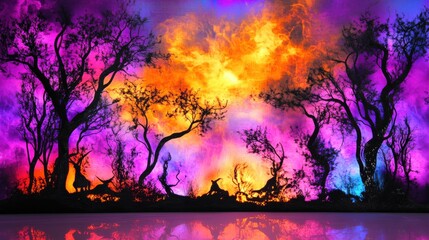 Vivid Sunset Landscape with Silhouetted Trees and Colorful Clouds
