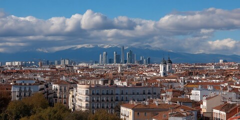 Fototapeta premium Panoramic view of Madrid city skyline with mountains in the background. Possible use Stock photo for travel or city guides