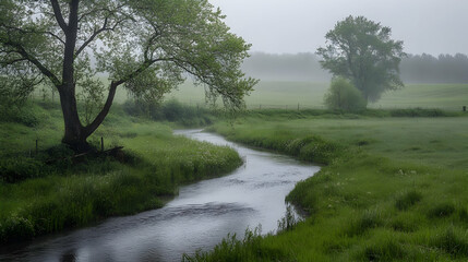 Misty River in a Green Meadow: Serene Nature Photography