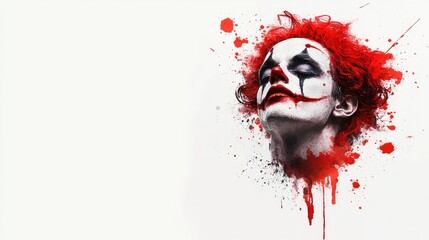 Watercolor portrait of a circus clown with a melancholic expression on an absolutely white background.
