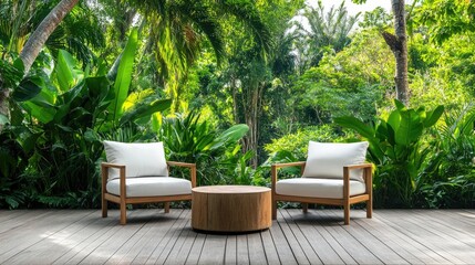Two wooden armchairs with cushions and a round table on a wooden deck, surrounded by lush greenery, minimalist modern design