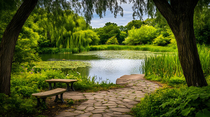 Serene Lake View: Picturesque Park Landscape with Benches