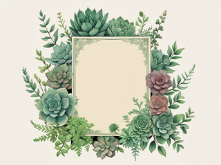 Naklejka premium Elegant succulents wedding invitation with soft watercolor flowers.