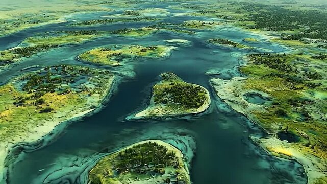 Aerial view of a network of lakes and islands