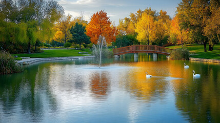 Autumn Serenity: Swans on a Calm Lake in a Colorful Park