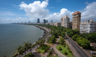 Panoramic view of Mumbai's coastline, city skyline, and gardens under a partly cloudy sky. Ideal for showcasing urban landscapes, tourism, and city life