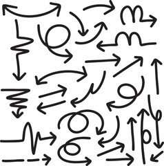 Set of cute pen line doodle element vector. Hand drawn doodle collection of arrows. Design for print, cartoon, card, decoration, sticker.