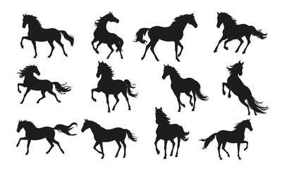 Horse silhouette collection, wild running horse, galloping horse vector, black horse outline, stallion graphic