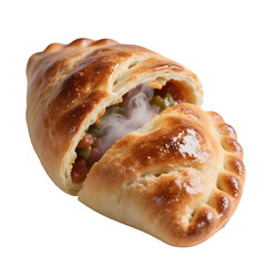 stylized glossy calzone cut open with steamy filling inside, rendered with a glossy crust