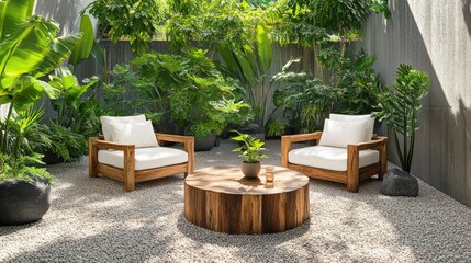 Fototapeta premium Wooden outdoor armchairs and round table on gravel patio, surrounded by potted plants, modern rustic charm