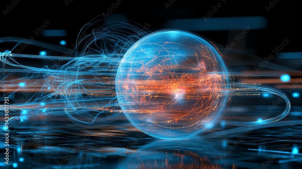 Wall mural exploring radiation feedback loops in a futuristic holographic lab simulation