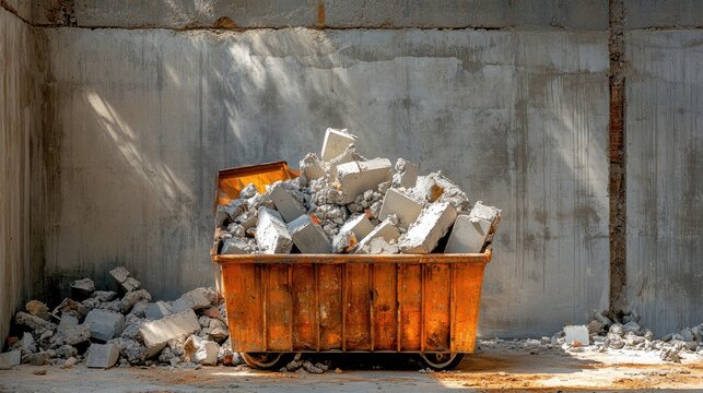 Worksite scene with metal dumpster full of concrete demolition remains