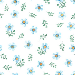 Seamless watercolor pattern with blue flowers and green leaves on a white background. Perfect for fabric, wrapping paper, and decor. Hand drawing.