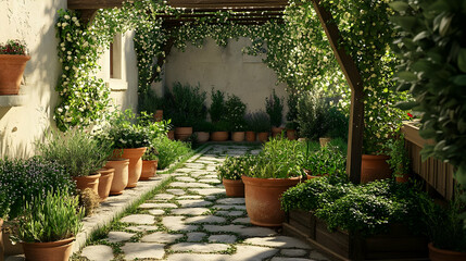 Sunlit Stone Path in a Lush Mediterranean Garden