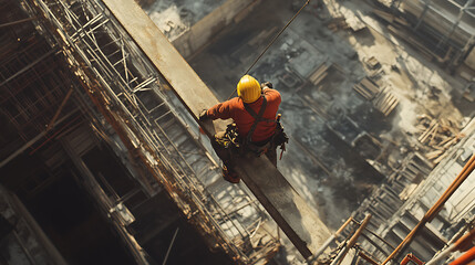 Fototapeta premium Construction Worker on Scaffolding at a Building Site